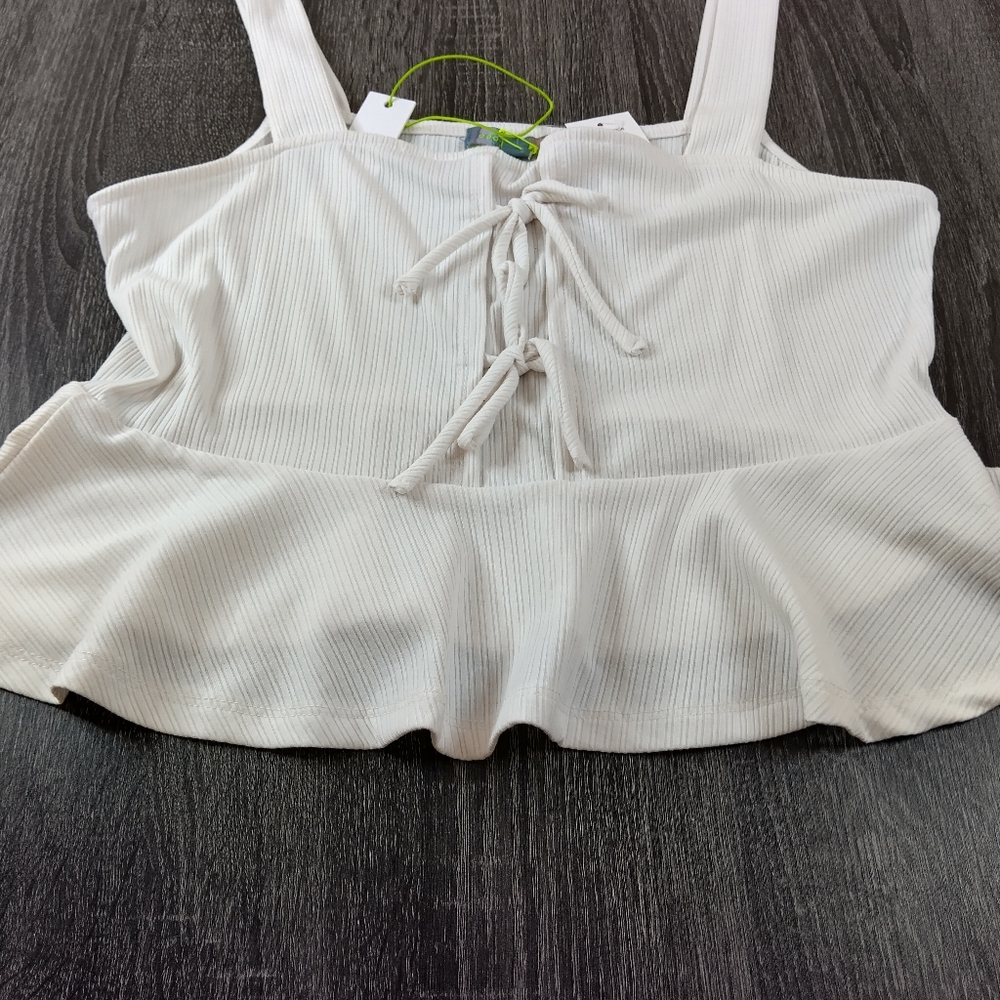 Good Luck Gem White Large Cropped Sleeveless Tank Top. Lightly Ribbed. Tie front